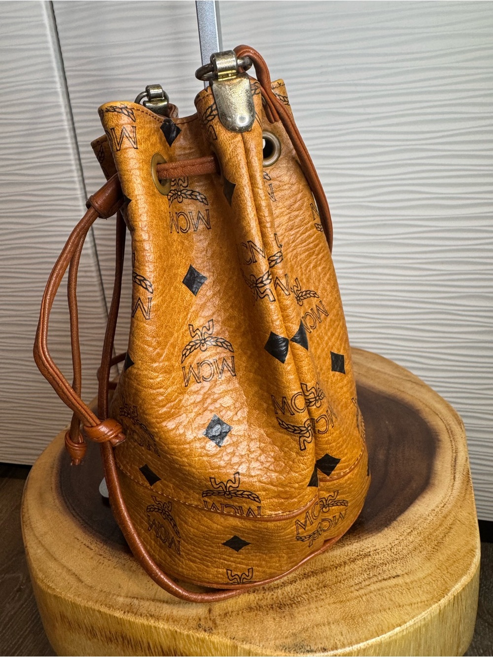MCM Cognac Visetos Monogram Drawstring Bucket Bag - Picture 3 of 15